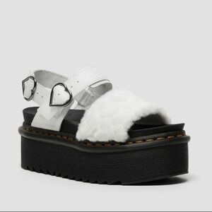 Dr. Martens Voss Fluffy Faux Fur Platform Sandals White 10